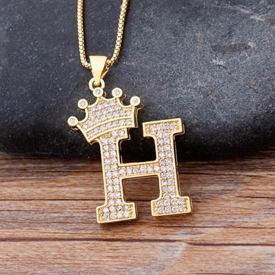 Luxury Copper Zircon A-Z Crown Alphabet Pendant