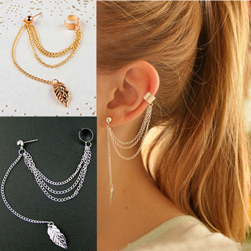 1pcs Earrings Jewelry Fashion Personality Metal Ear Clip Leaf Tassel