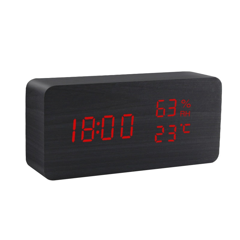 LED Wooden Alarm Clock Watch Table Voice Control Digital USB/AAA Powered Electronic Desktop Clock