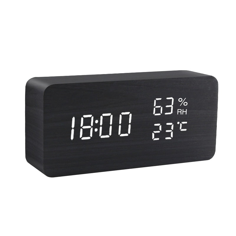 LED Wooden Alarm Clock Watch Table Voice Control Digital USB/AAA Powered Electronic Desktop Clock