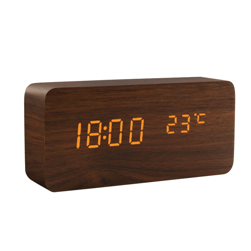 LED Wooden Alarm Clock Watch Table Voice Control Digital USB/AAA Powered Electronic Desktop Clock