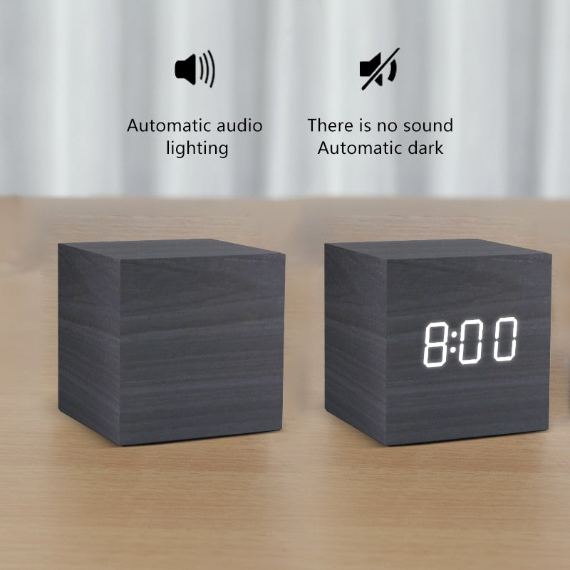 LED Wooden Alarm Clock Watch Table Voice Control Digital USB/AAA Powered Electronic Desktop Clock