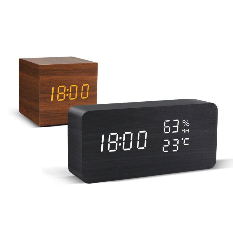 LED Wooden Alarm Clock Watch Table Voice Control Digital USB/AAA Powered Electronic Desktop Clock