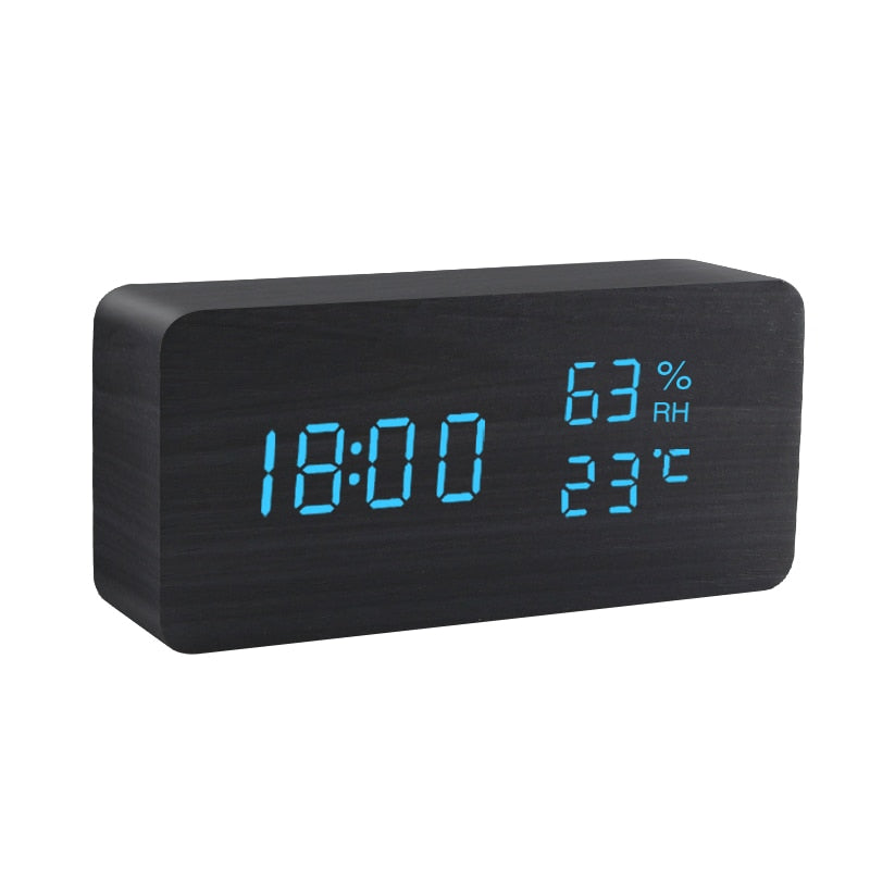 LED Wooden Alarm Clock Watch Table Voice Control Digital USB/AAA Powered Electronic Desktop Clock