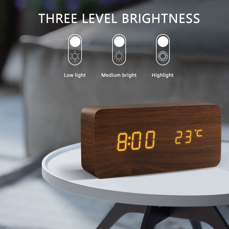 LED Wooden Alarm Clock Watch Table Voice Control Digital USB/AAA Powered Electronic Desktop Clock