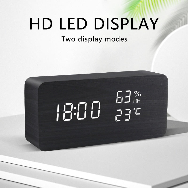 LED Wooden Alarm Clock Watch Table Voice Control Digital USB/AAA Powered Electronic Desktop Clock